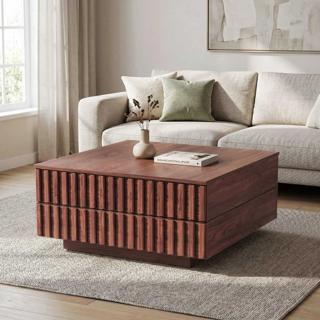Oak fluted square coffee table with sliding top — side detail view
