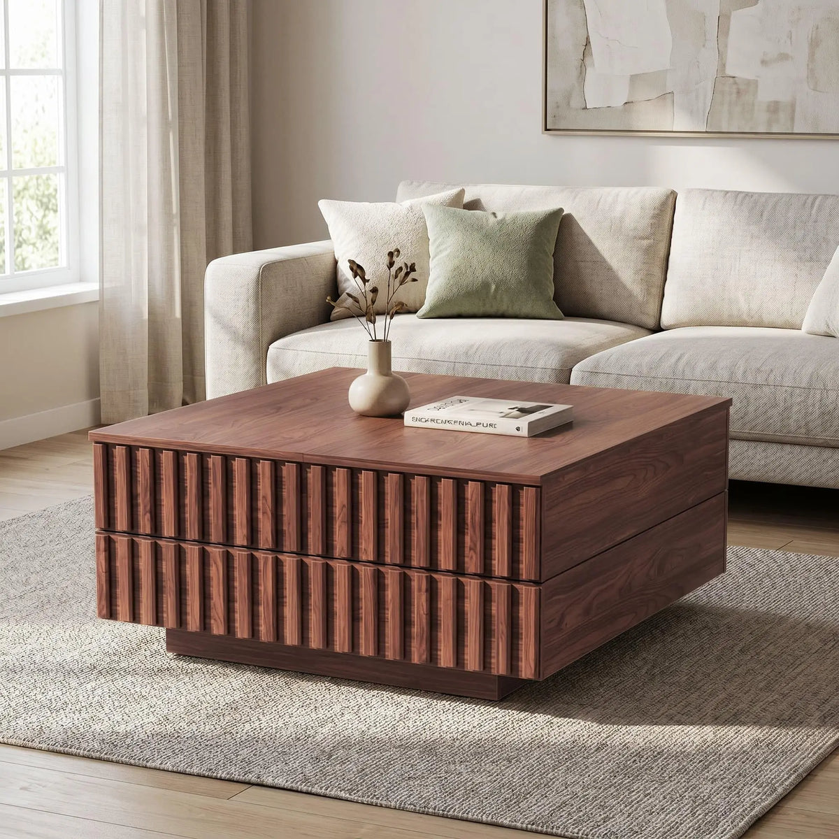 Oak fluted square coffee table with sliding top — side detail view