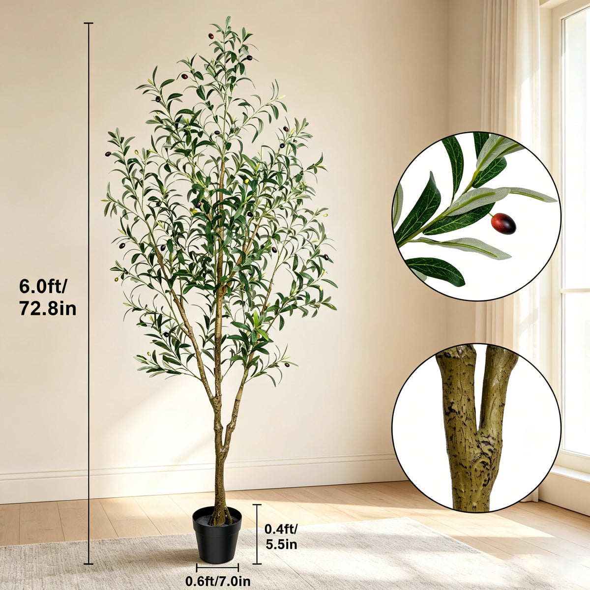 Olive Trees Artificial Indoor, 5.25/6.10/7.10FT Tall Faux Olive Tree with Black Pot, Artificial Plants with Natural Wood Trunk and Lifelike Fruits for Home Office Decor — image 14