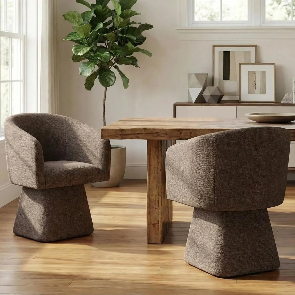 Upholstered swivel dining chair with barrel back and arms