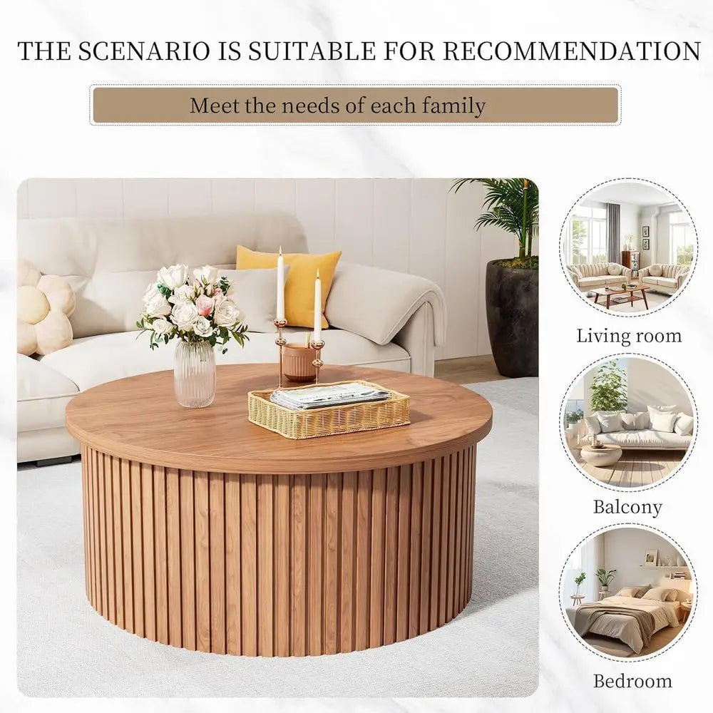 Fluted Round Coffee Table with Storage — 34.6"