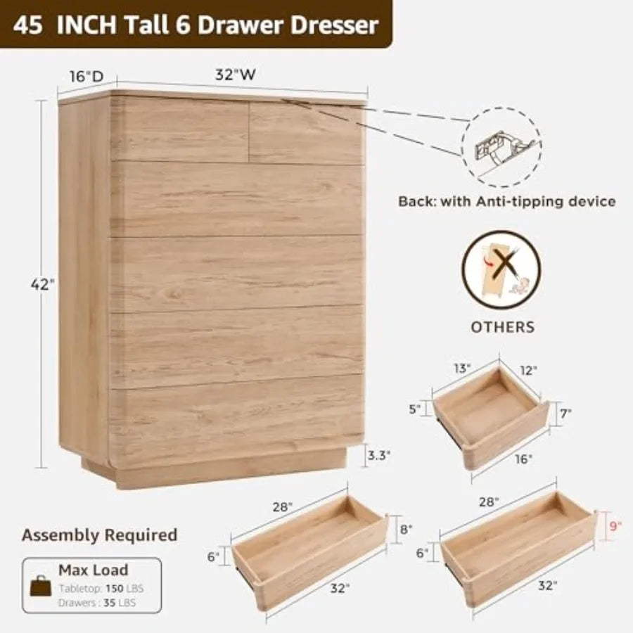 6-Drawer Dresser — 42" Tall Push-to-Open Wood Chest