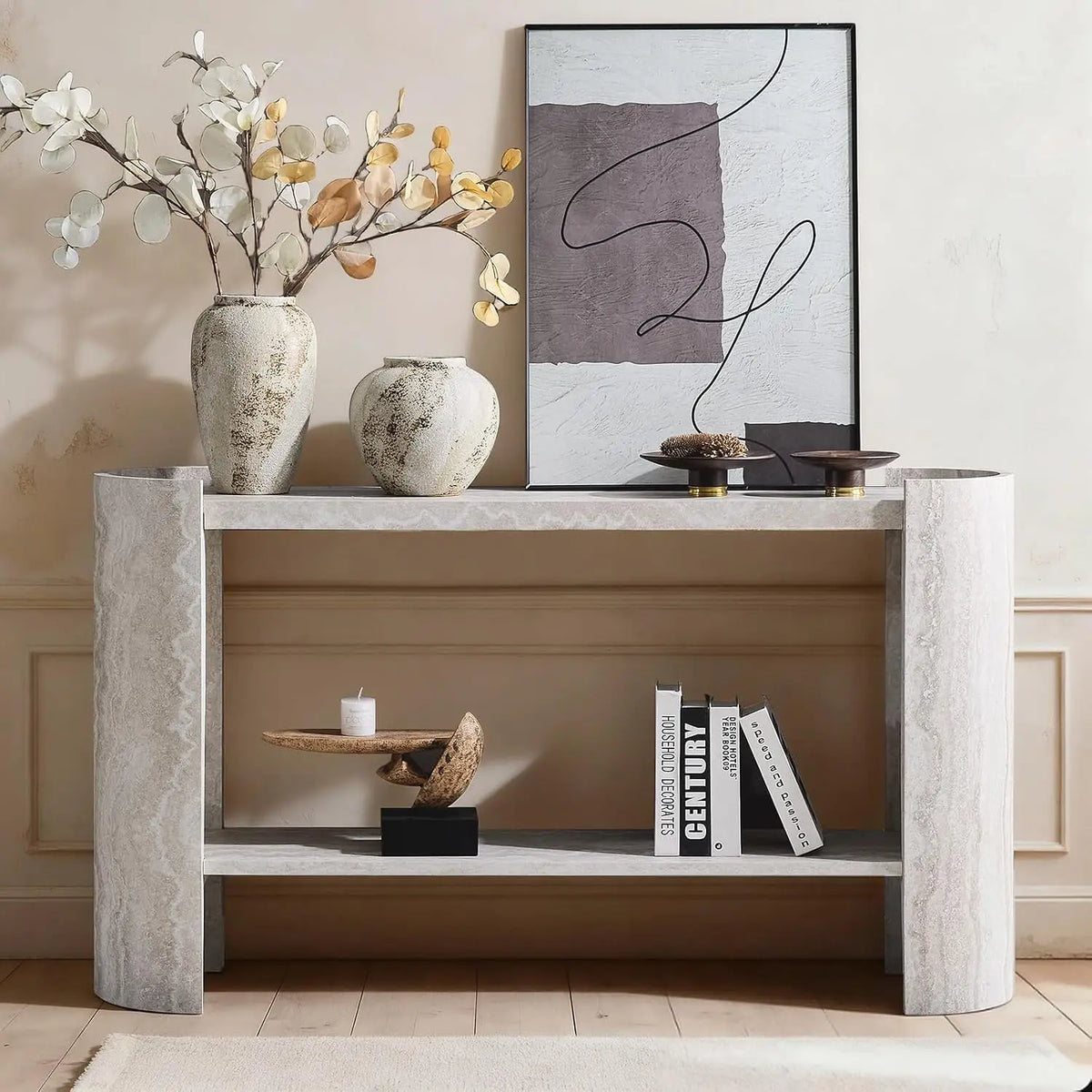 Faux marble console table with wood base and open shelf