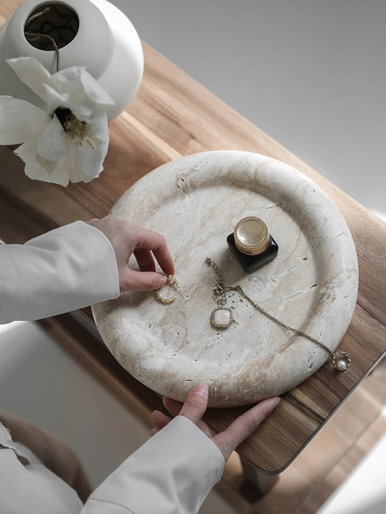 Beige Travertine Vanity Tray — Round Jewelry Plate, 7.9"