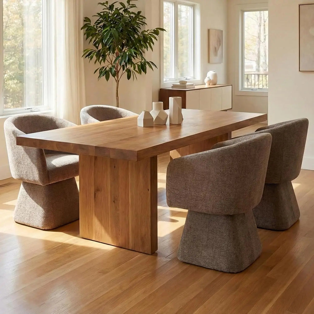 Upholstered swivel dining chair with barrel back and arms
