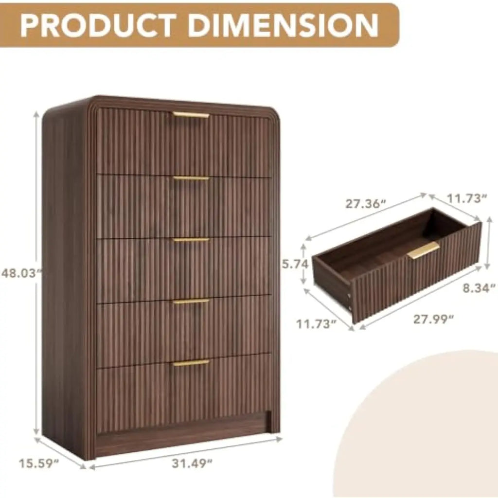 48" Fluted 5-Drawer Dresser — Walnut Bedroom Chest