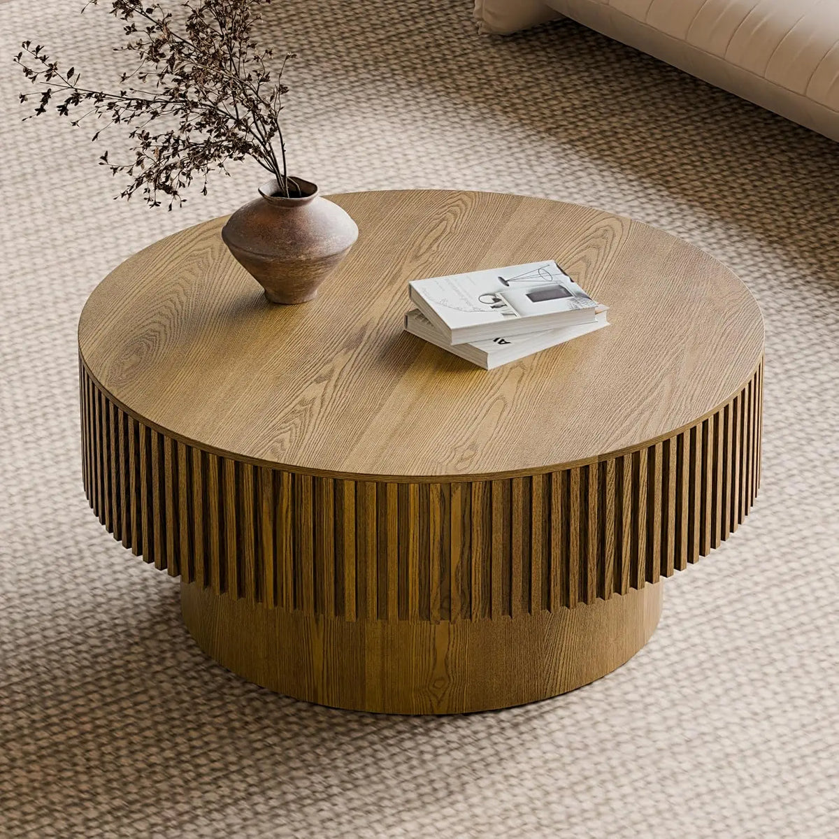 Round Storage Coffee Table - Modern Walnut