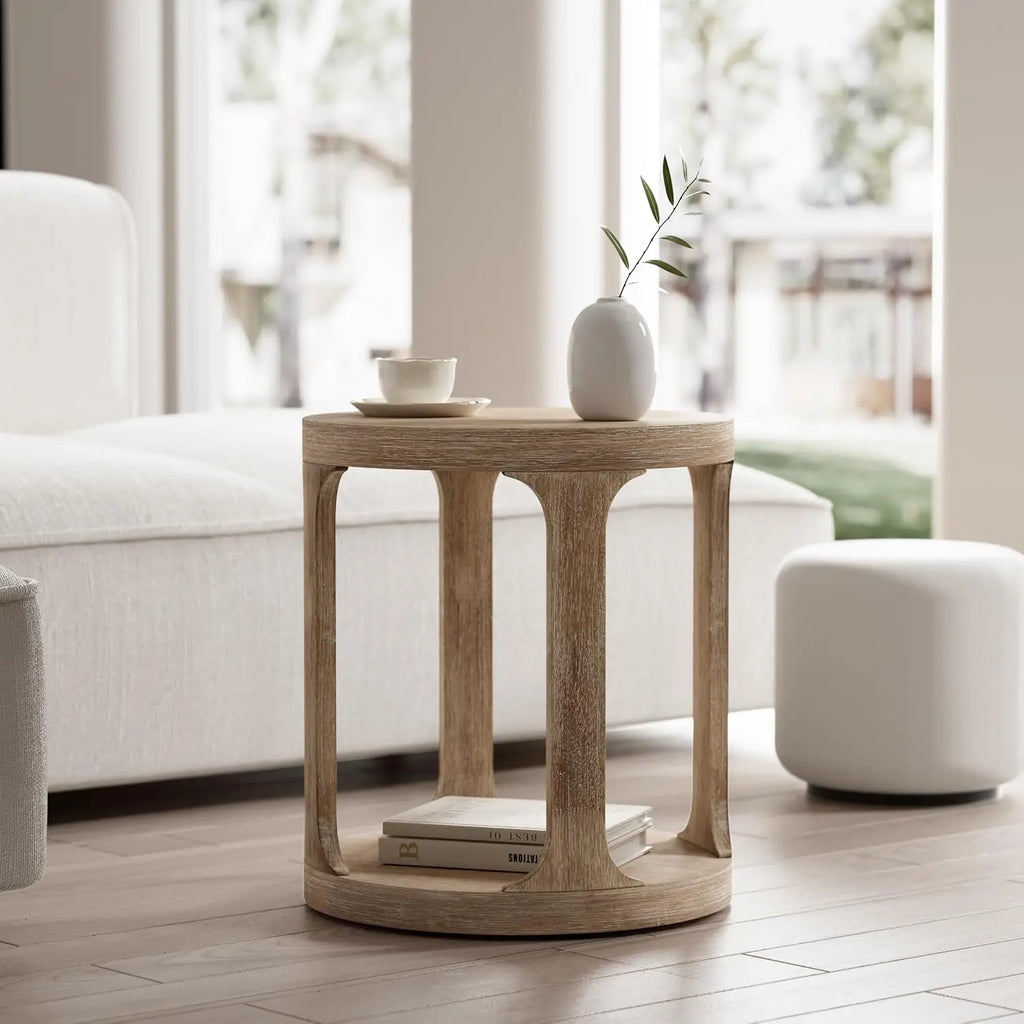Farmhouse round pedestal end table in coastal wood grey finish
