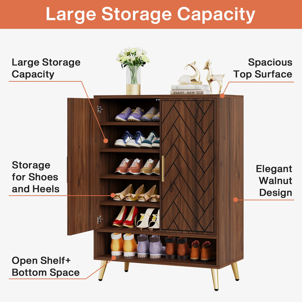 Tribesigns Walnut 6-Tier Shoe Cabinet with Doors