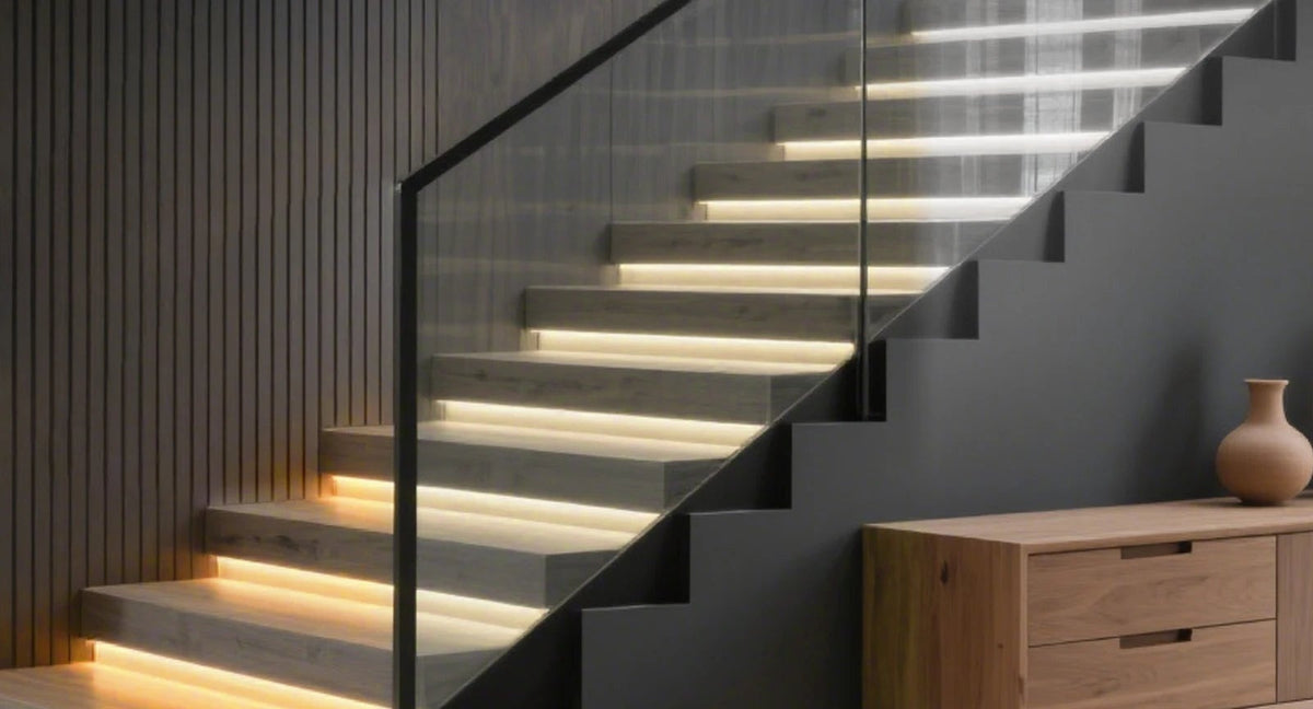 Dimmable CCT LED stair light installed under treads in a modern staircase